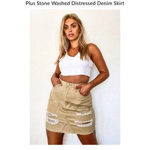 NEW!!! Boohoo Plus Denim Skirt , Khaki Colored Distressed, US Size 18